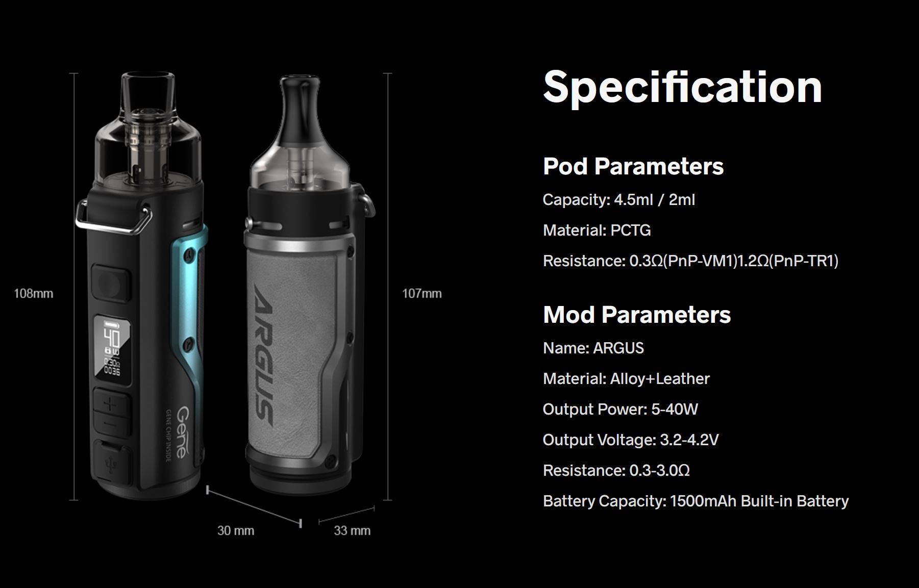 VOOPOO Argus 40W grip 1500mAh Full Kit Litchi Leather and Red 1ks
