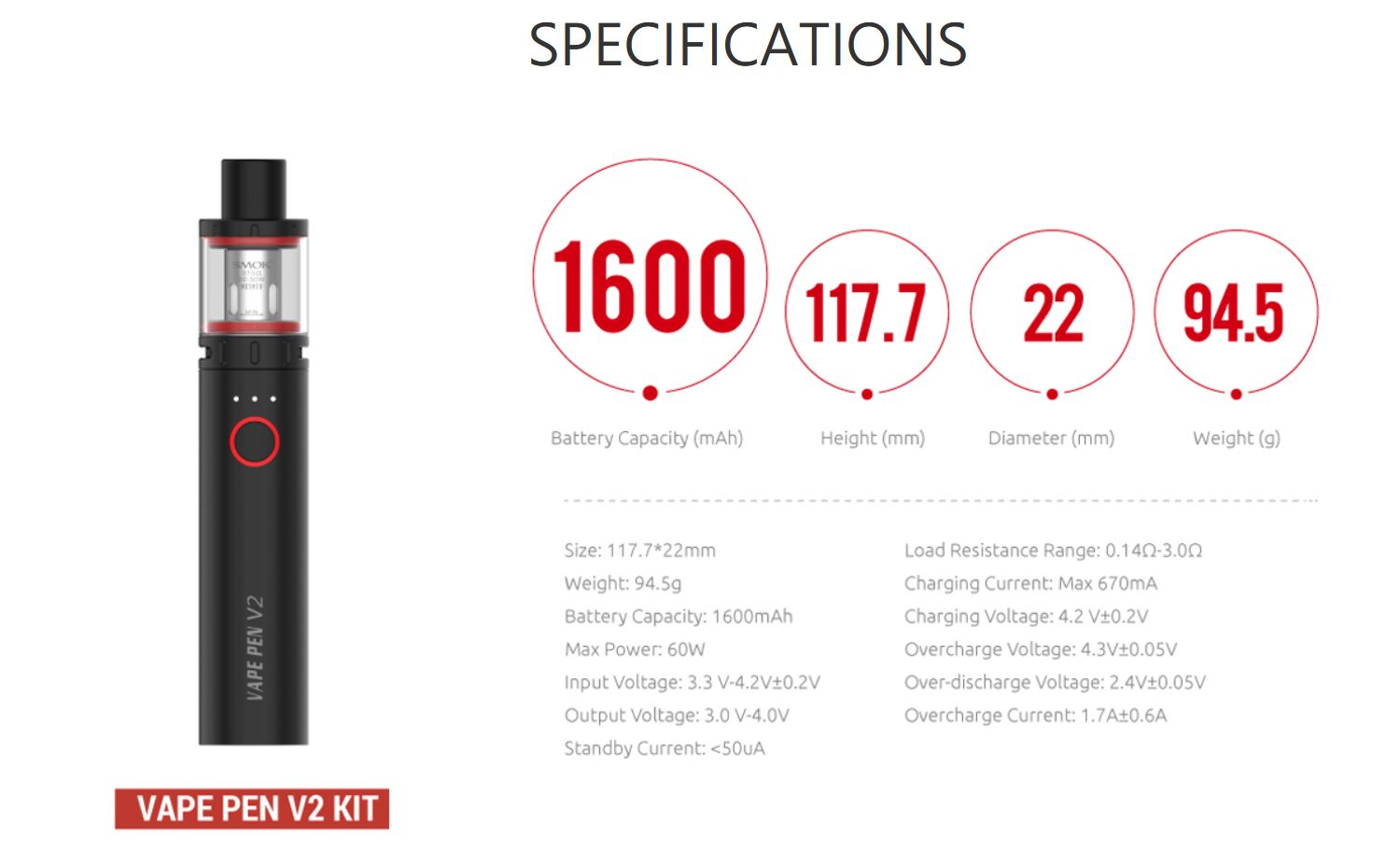 Smoktech Vape Pen V2 elektronická cigareta 1600mAh 7color 1 ks