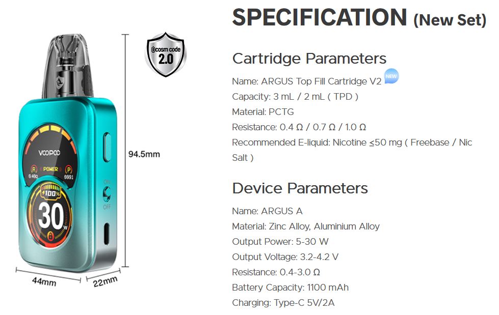 VOOPOO Argus A Pod 1100 mAh Azor Blue 1 ks