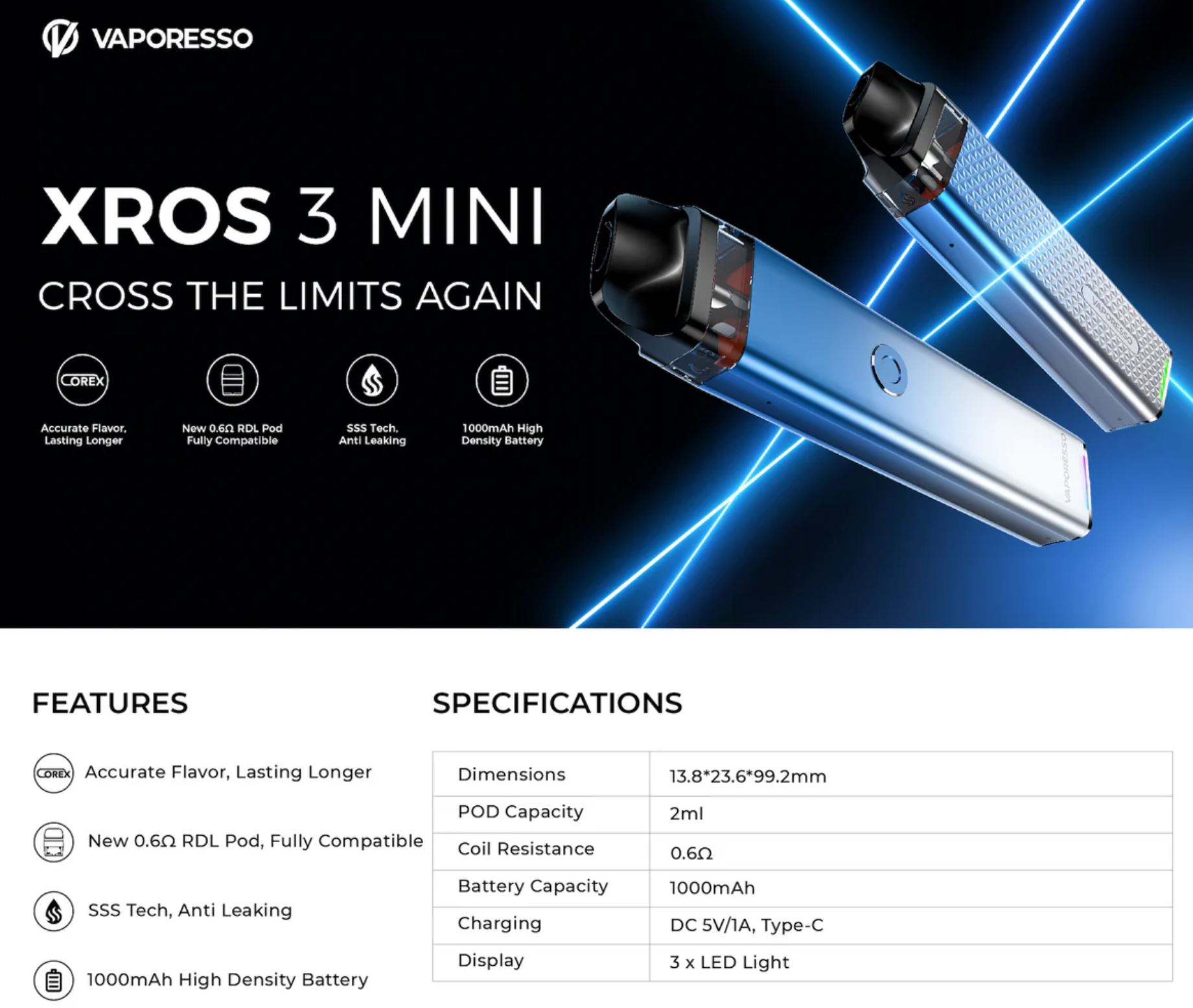 Vaporesso XROS 3 Mini Pod 1000 mAh Sky Blue 1 ks